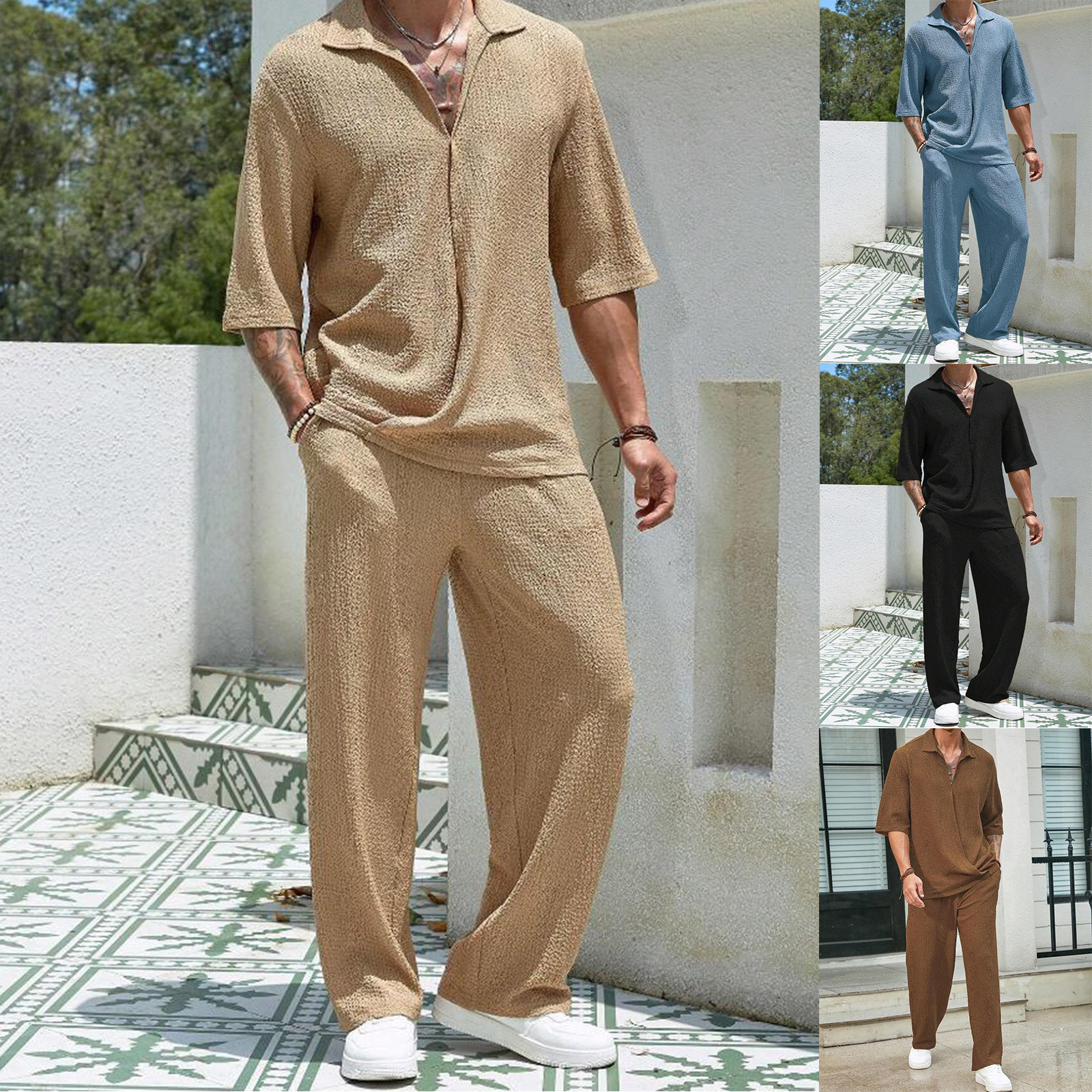 2024 European and American Amazon New Commuter Suit Casual Shirt Pure Color Short-sleeved Pants Men's Two-piece Casual Set