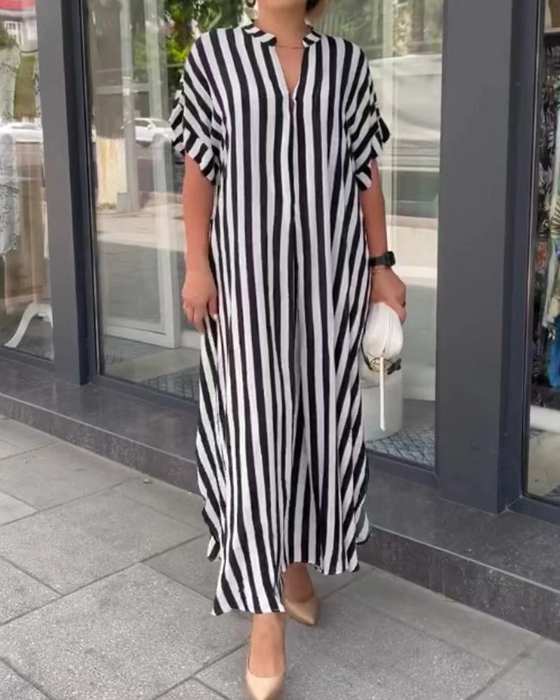 2022 European and American Women's AliExpress Independent Station Fashion Side Split Striped Cardigan Short Sleeve Dress W2865