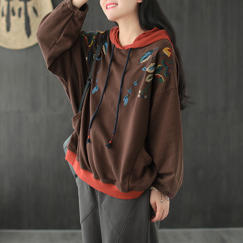 Cotton Hooded embroidered plus size sweater early autumn 2024 New retro artistic loose pullover casual women's top