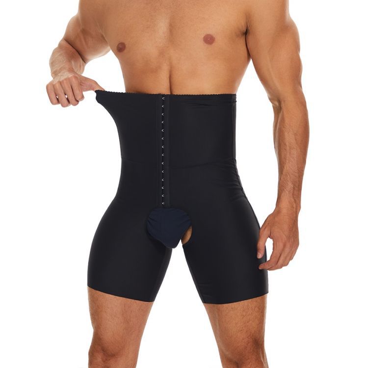 Cross-Border Men's breathable breasted plastic waist hip lifting plastic leg high waist body shaping pants fifth pants belly contracting waist shaping pants
