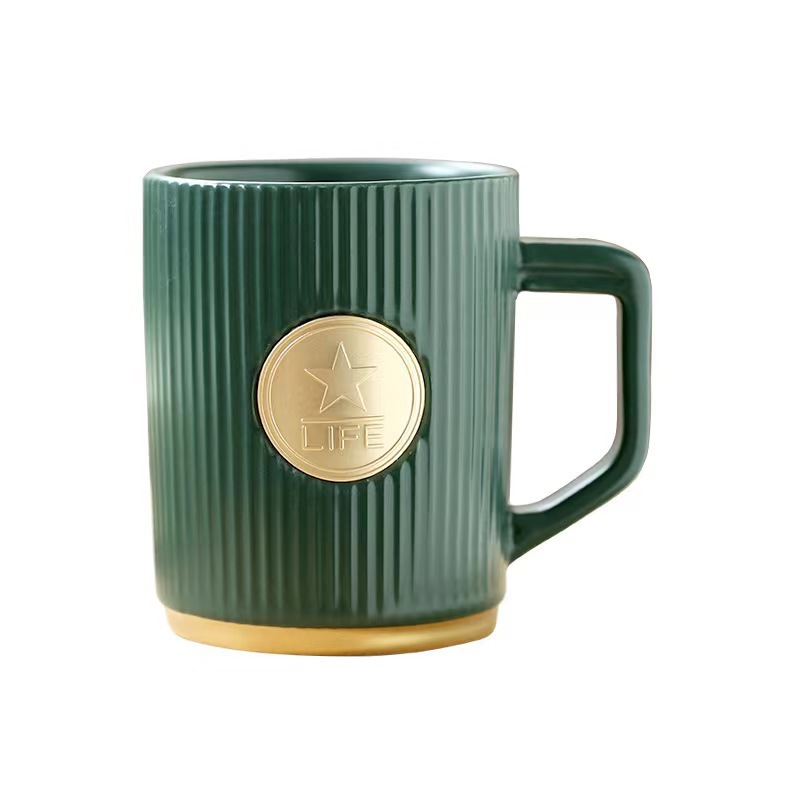 Xingba style coffee cup dark green striped copper seal mug matte red black and white ceramic cup water cup can be customized logo