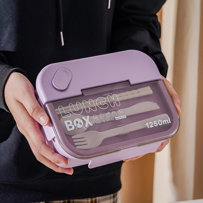 Rectangular microwave oven compartment lunch box food grade plastic lunch box portable fork spoon student lunch box LOGO