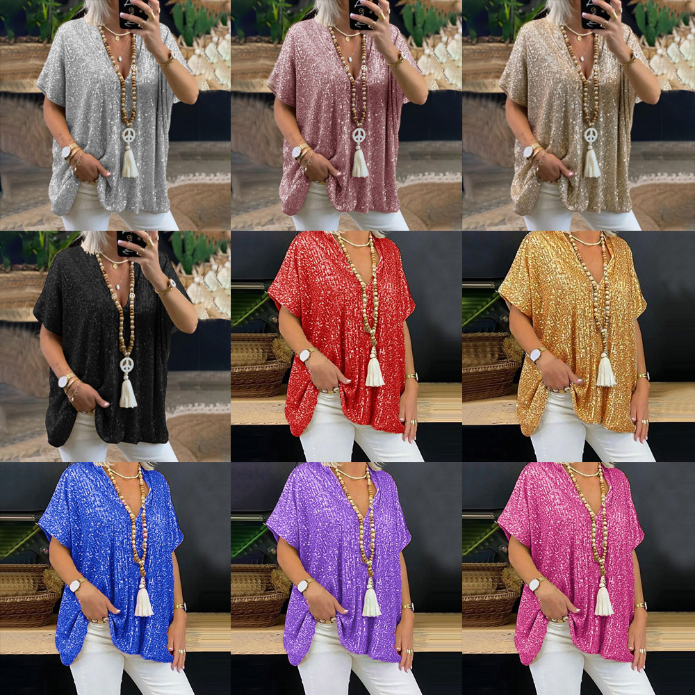 2025 New European and American Amazon Short-sleeved Urban Casual Color Loose Pullover Sequin V-neck T-shirt Top Women's Clothing
