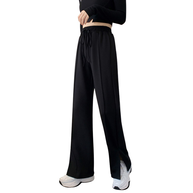Black Side Slit Pants Women's Spring and Autumn Draping High Waist Slim Look Women's Loose Wide Leg Straight Trousers