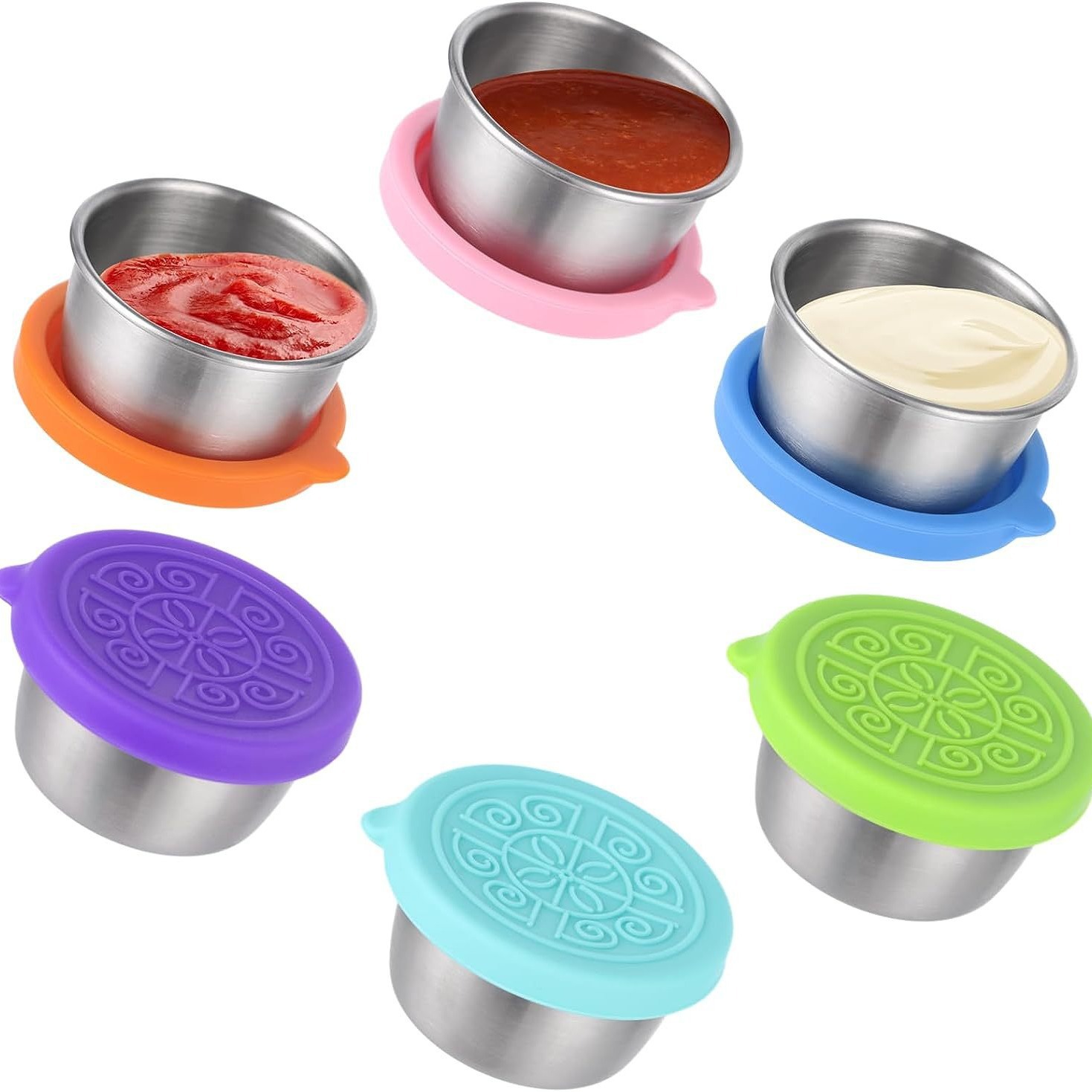 Amazon hot sale 304 stainless steel sauce cup with silicone lid 40ml dipping cup portable sauce seasoning dish