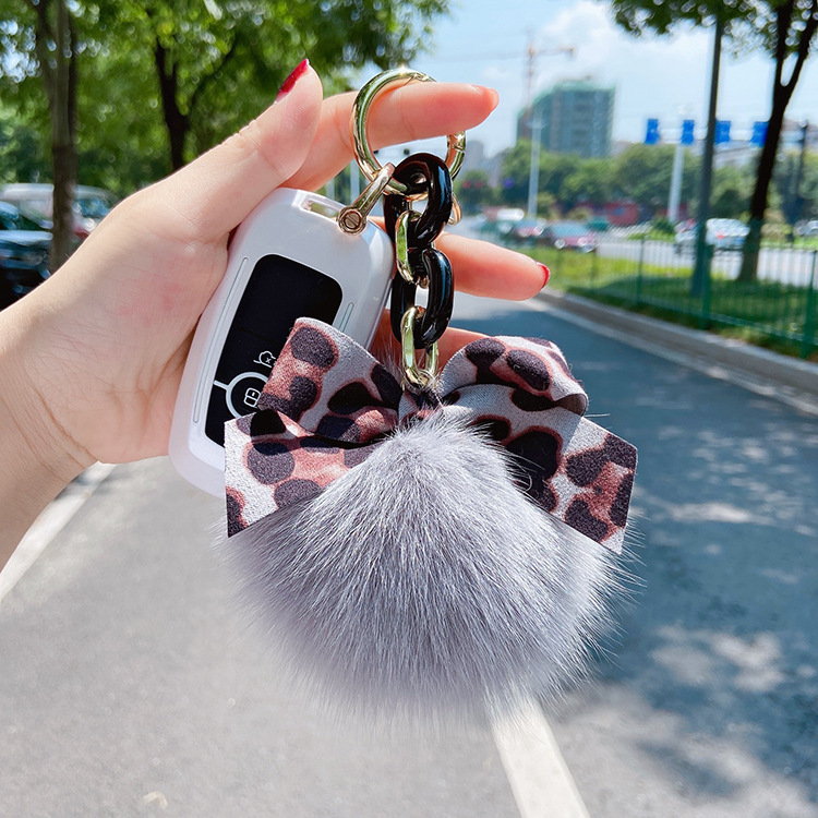 韓國時尚豹紋領結狐狸毛鑰匙扣個性鏈條汽車鑰匙圈鏈女士包包掛件