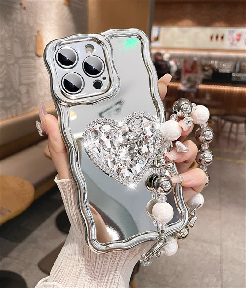 高檔鏡面愛心水鑽支架適用iPhone14promax手機殼蘋果13奢華12女15