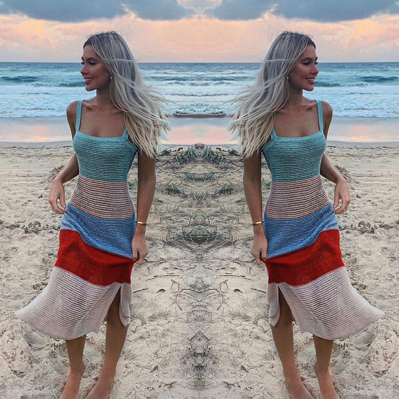 2023 Summer European and American INS Style Sexy Vacation Dress Sleeveless Strap Contrast Color Side Slit Hollow Dress Women's Long Dress