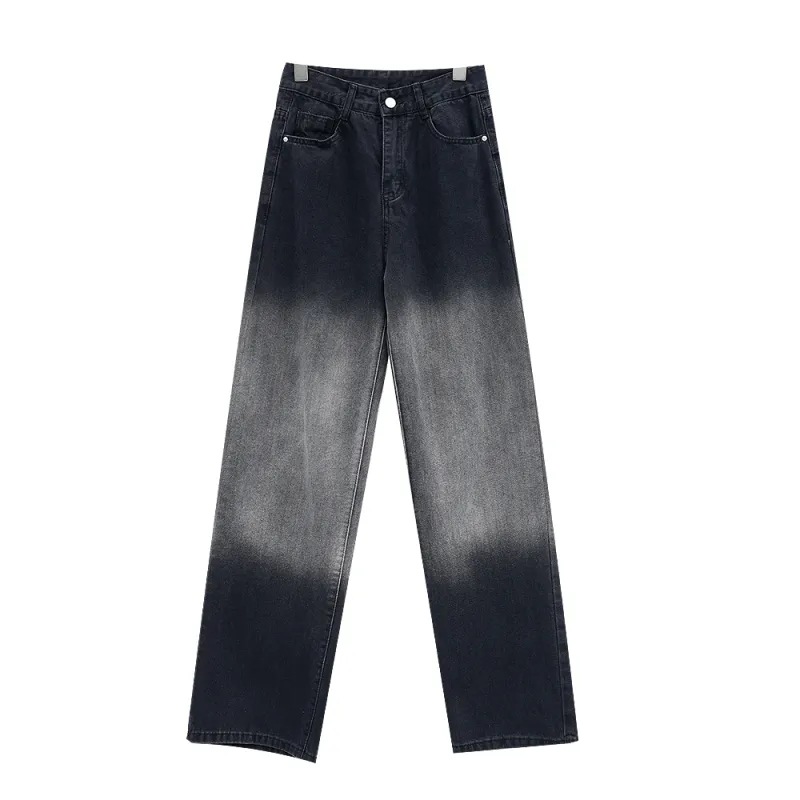 Women's Large Size Black Wash Water Gradient Straight Jeans Women's Autumn Trendy ins High Waist Slimming Wide Leg Pants