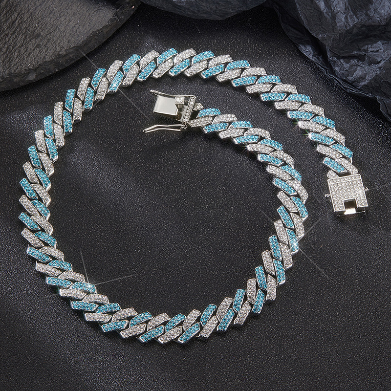 Hip Hop Style Diamond Cuban Chain High Quality Creative Tight Zinc Alloy Rhinestone 14mm Cuban Necklace Cross Border Exclusive