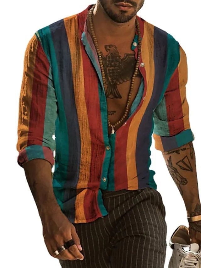 Men's Shirt Striped Collar Street Daily Buckle Print Long Sleeve Top Casual Fashion Breathable Men's Lining