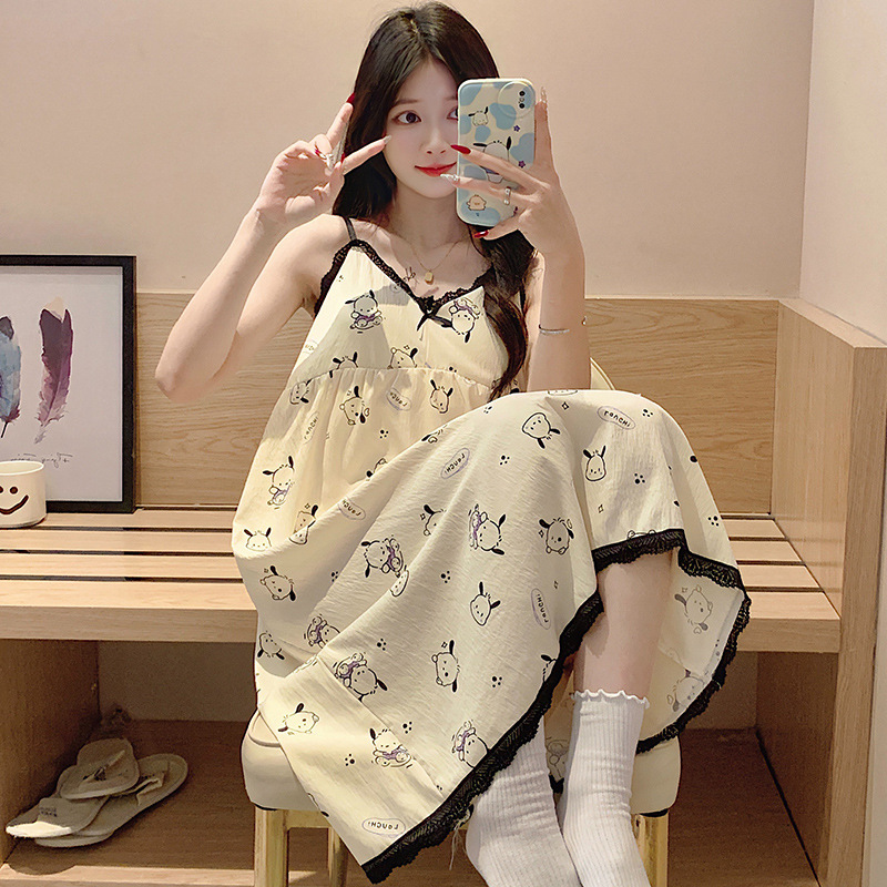 Summer Nightgown Women's Day Silk Cool Cotton Cute Sweet Sling with Chest Pad Mid-length Nightgown Loose Thin Home Clothes