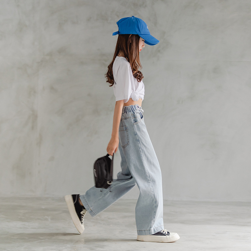 Children's Spring Pants 2024 New Style Korean Wide Leg Jeans Girls Styline Casual Children's Wear Trousers