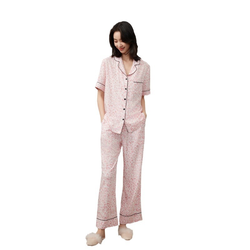Tencel lyocell spring/summer thin pajamas home wear summer pink leopard print plus size short sleeve cool cardigan suit