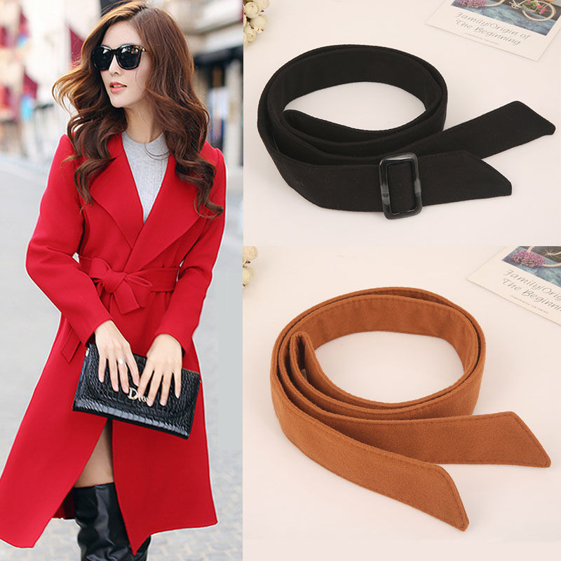 Double-Sided Woolen Coat Belt Women's Decorative Solid Color Bow Black Belt Simple All-Match Korean Style Belt for Autumn and Winter