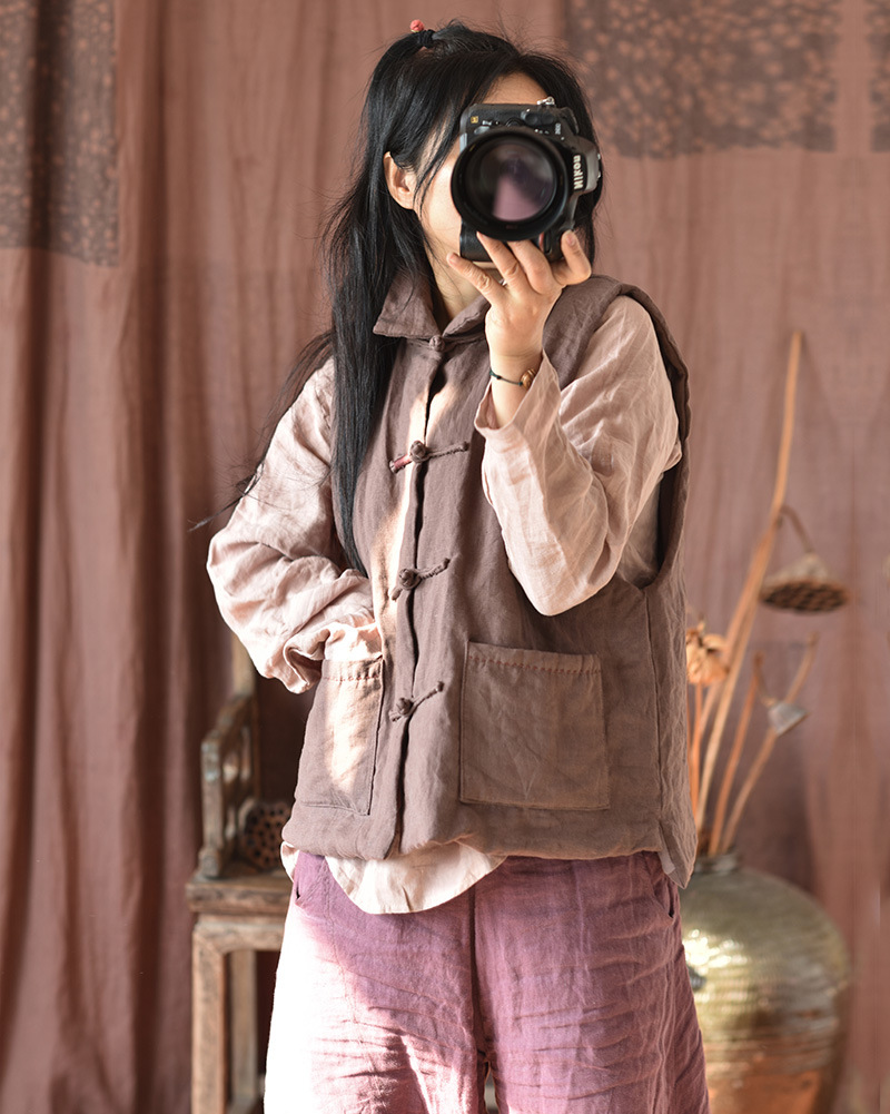 Simo/vêtements pour femmes en coton et lin faits maison gilet en coton à boucle en lin lavé au sable de haute qualité gilet en coton à enroulement rétro_voghion.com