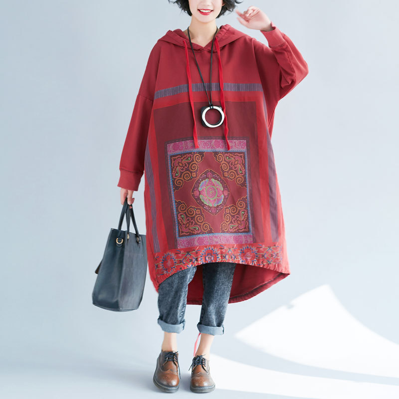 2023 Spring Hooded Sweater Loose Women's Large Size Casual Printed Long Dress Gradient Irregular Wandering