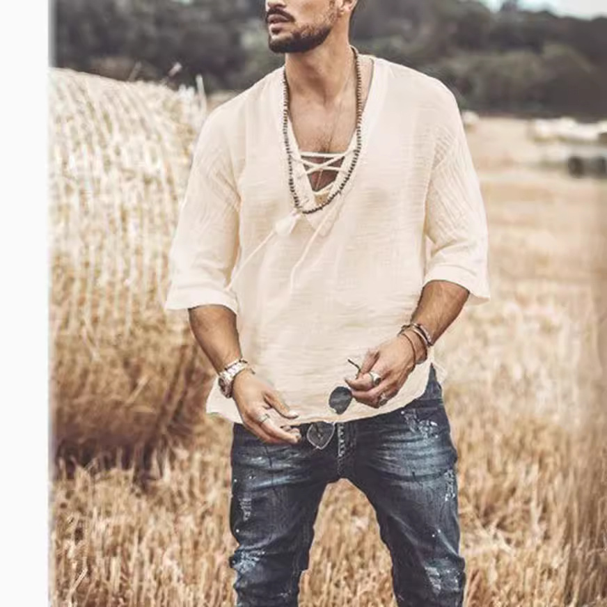 2024 European and American new wish Amazon popular men's chest lace-up corns half sleeve t-shirt shirt