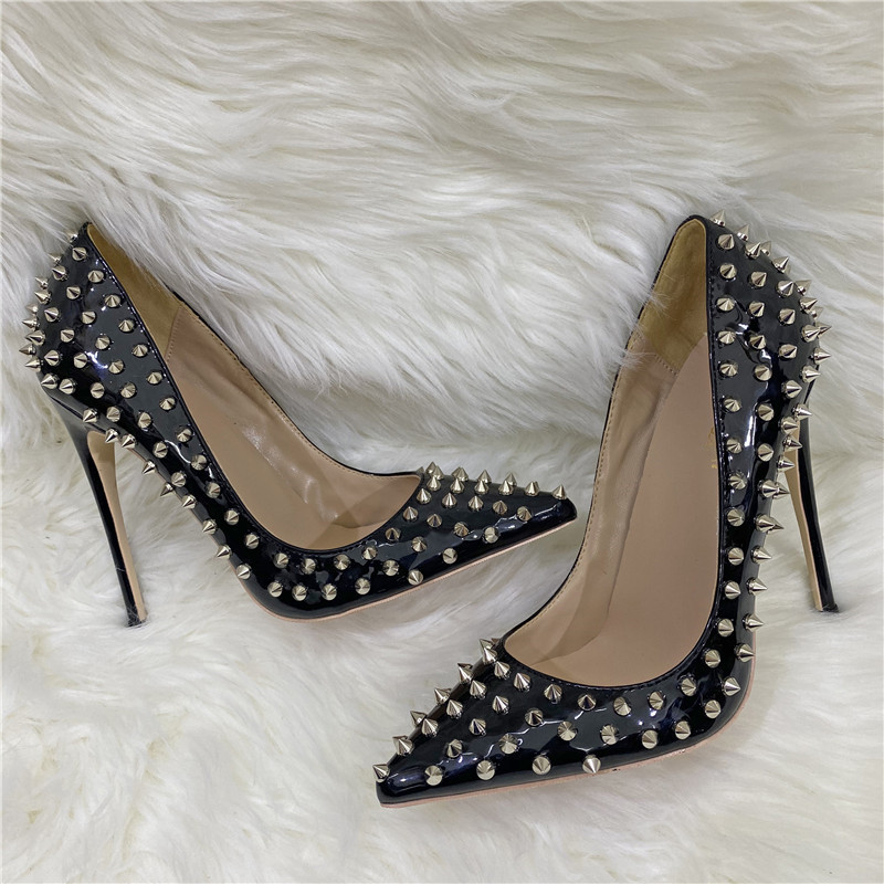 Cross-border foreign trade wholesale 2021 New socialite rivet high heels 12cm pointed stiletto heel shallow mouth shoes Liu Ding shoes
