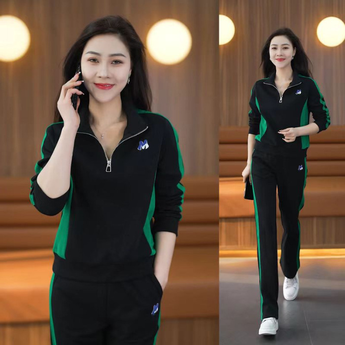 Tuta sportiva casual da donna primavera e autunno 2024 nuova moda stile occidentale maglione con collo alto snellente pantaloni a gamba larga completo in due pezzi_voghion.com