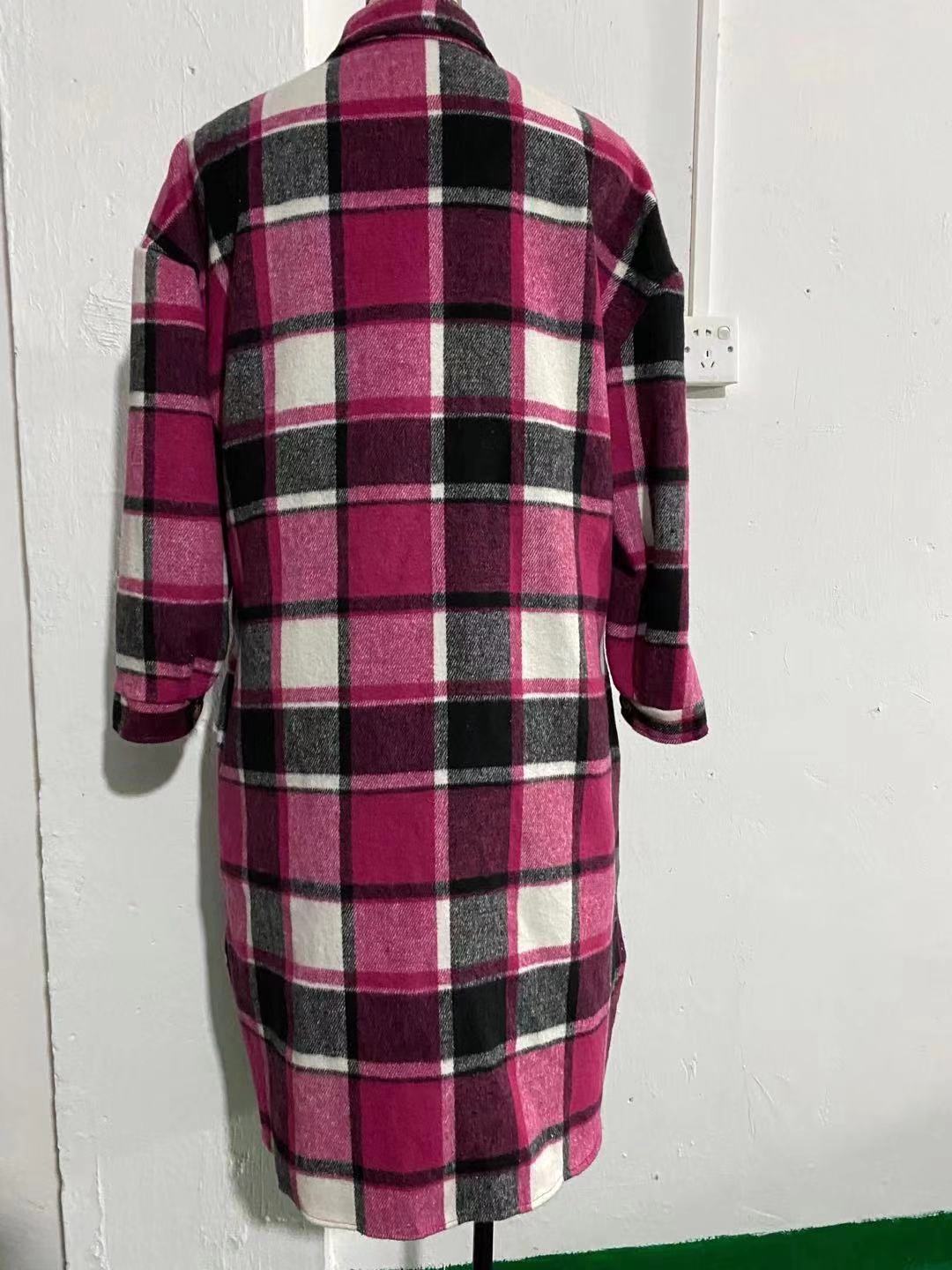 2022 autumn and winter European and American temperament windbreaker coat side slit lapel loose woolen plaid shirt coat in stock_voghion.com