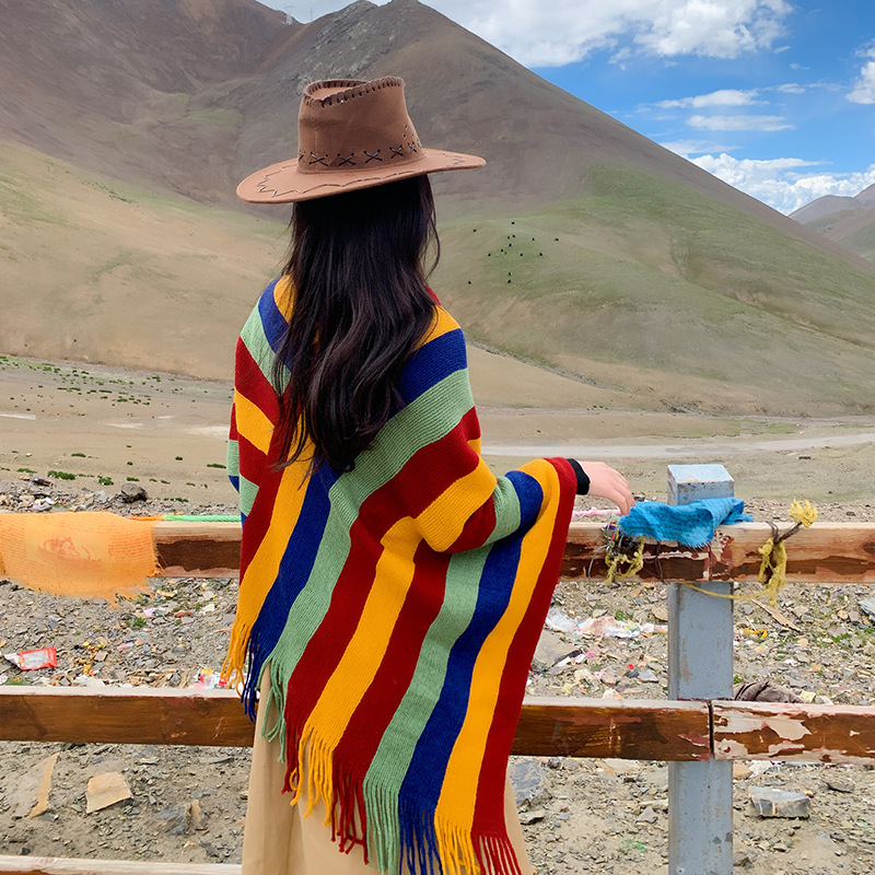Ethnic Style Knitted Tassel Rainbow Color Shawl Poncho Travel Tibetan Style Photograph Summer Sun Protection Women's Outer Wear