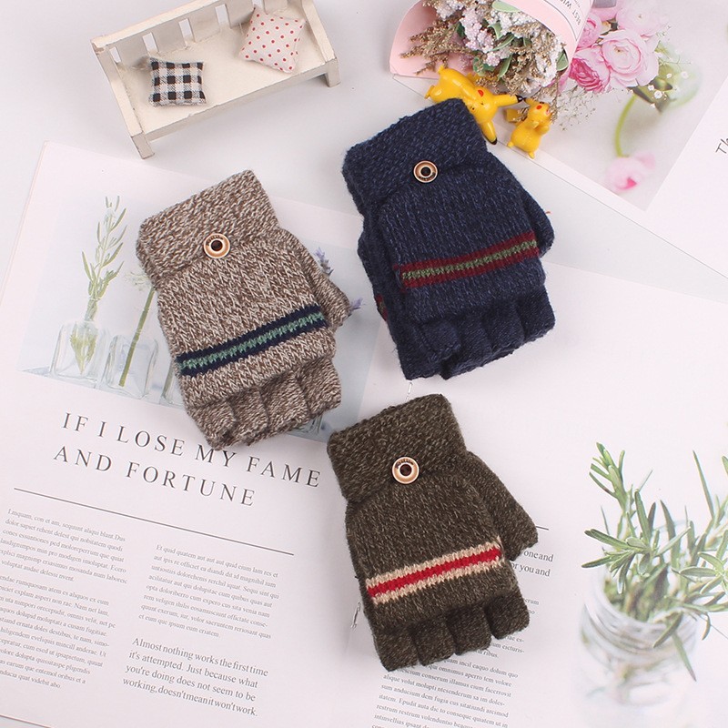 Winter outdoor children's gloves half finger flip dual-use warm gloves children's AB yarn jacquard for students to write