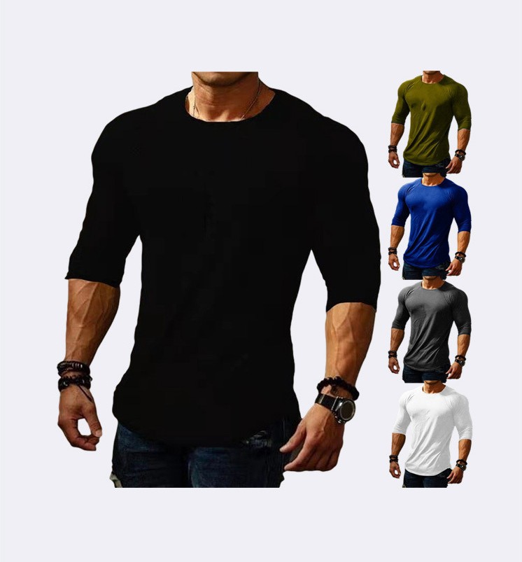2022 Spring and Summer Cross-border Foreign Trade New Casual Solid Color Men's Round Neck Long-sleeved T-shirt Slim-fit Youth T-shirt
