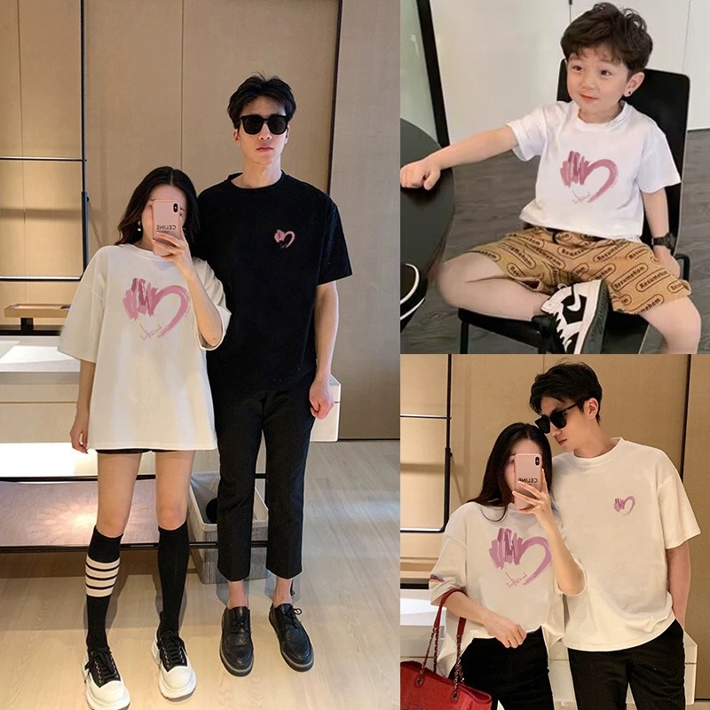 Net Celebrity Fried Street 2023 Summer Parent-Child Suit High-end Mother and Child Mother and Daughter Baby Family of Three or Four Love Short Sleeve T-shirt