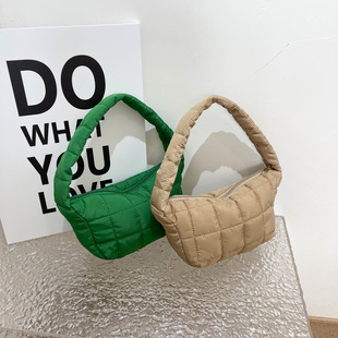 Cotton jacket small bag 2023 Summer new Plaid embroidery thread underarm bag down jacket simple solid color retro shoulder bag
