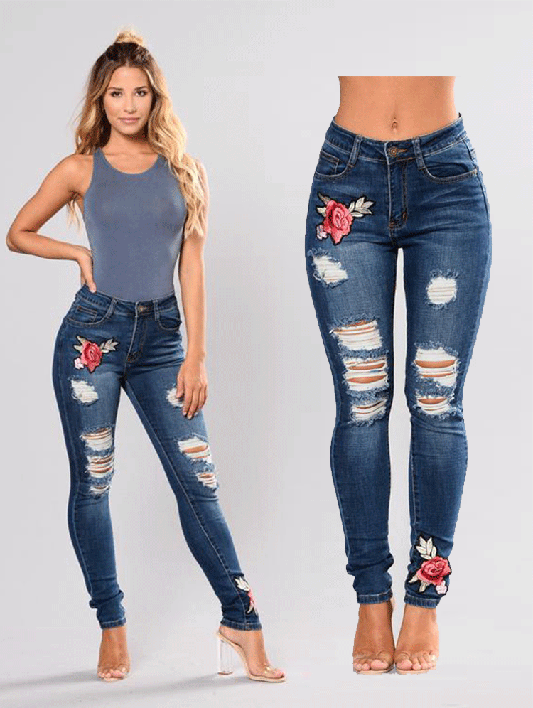 2022 Amazon AliExpress European and American Women's Jeans Ripped Embroidery Women's Jeans Trousers Small Feet Pants