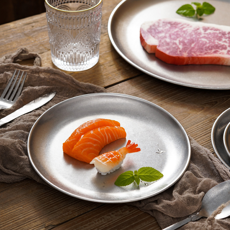 Stainless Steel Barbecue Plate Disc Sushi Plate Industrial Style Old Dish Western Food Plate Steak Cuisine Snack Plate Classical Plate