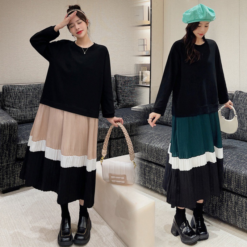 Spring and Autumn New Products  Real Shot Casual Long Large Size Spliced ​​Color Block Pleated Long Sleeve Women's Fat MM Round Neck Dress