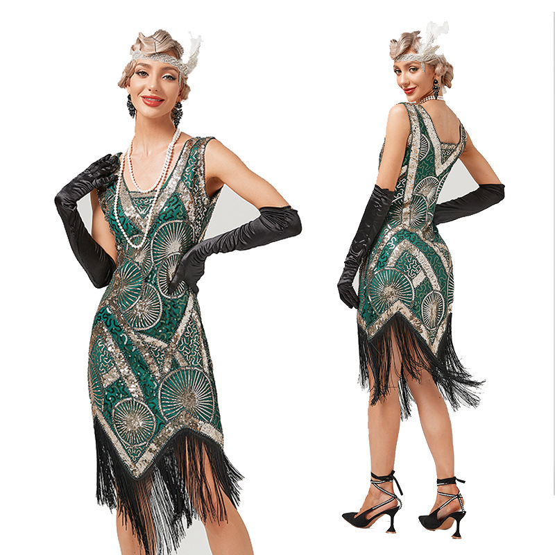 Cross-border New Heavy Embroidered Beaded Sequin Dress European and American Banquet Dress V-neck Tassel Large Size Dress in Stock