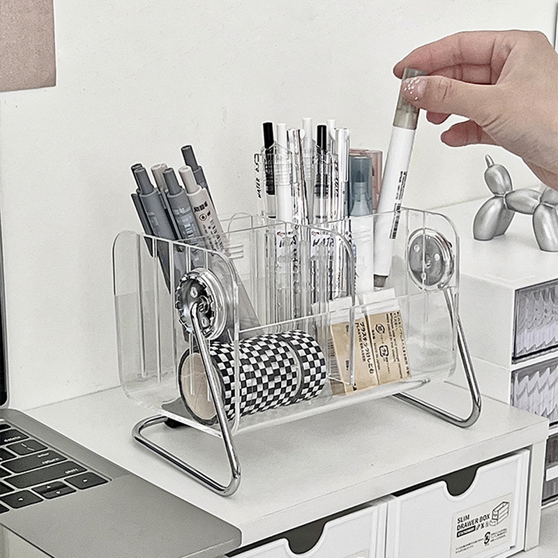 360-degree rotating transparent acrylic student desk multi-functional 6-compartment pen holder remote control storage box