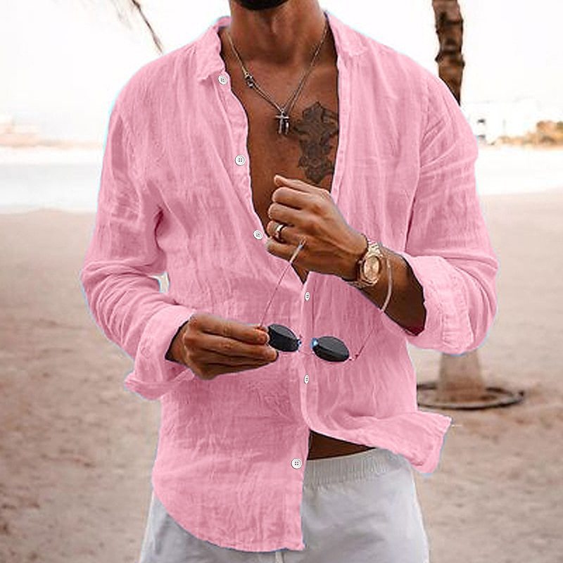 Cross-border Foreign Trade Supply Shirt Men's 2024 New Solid Color Loose Single-breasted Lapel Cotton Linen Long-sleeved Shirt