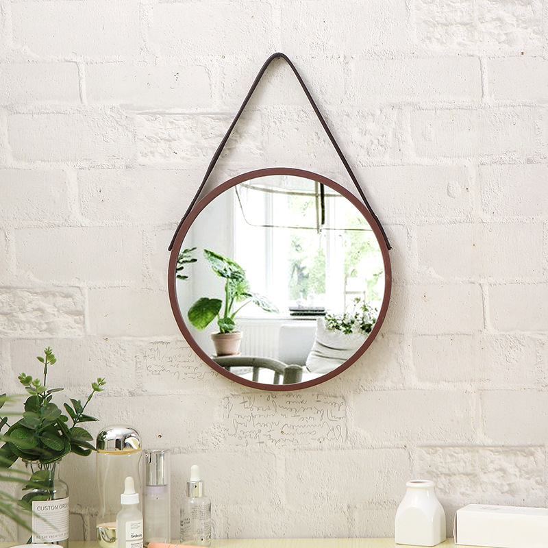 Punch-free Wooden Retro Round Hanging Mirror Cosmetic Mirror Wall Entrance Living Room Dining Room Background Wall Decorative Mirror Wall Hanging