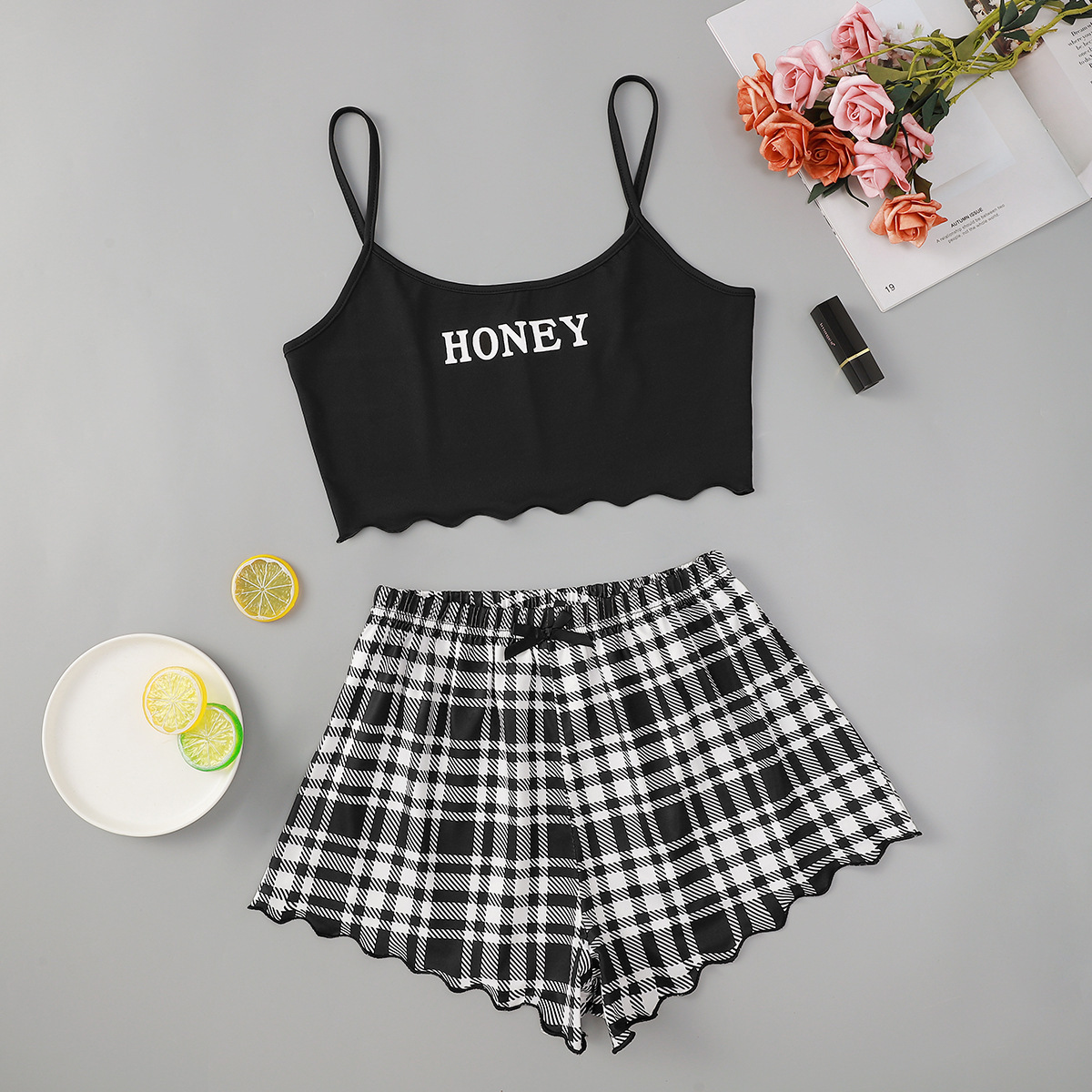 2022 European and American New Letter HONEY Printed Sling Top and Plaid Printed Shorts Home Wear Set