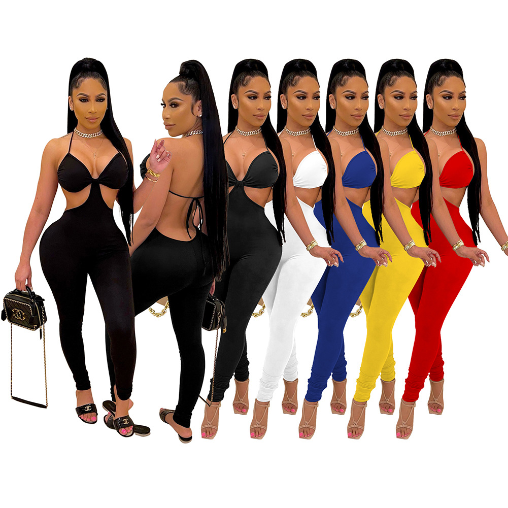 D8091 European and American Women's Clothing Amazon Independent Station Solid Color Backless Sexy Jumpsuit Slim Fit Pants Nightclub Clothes
