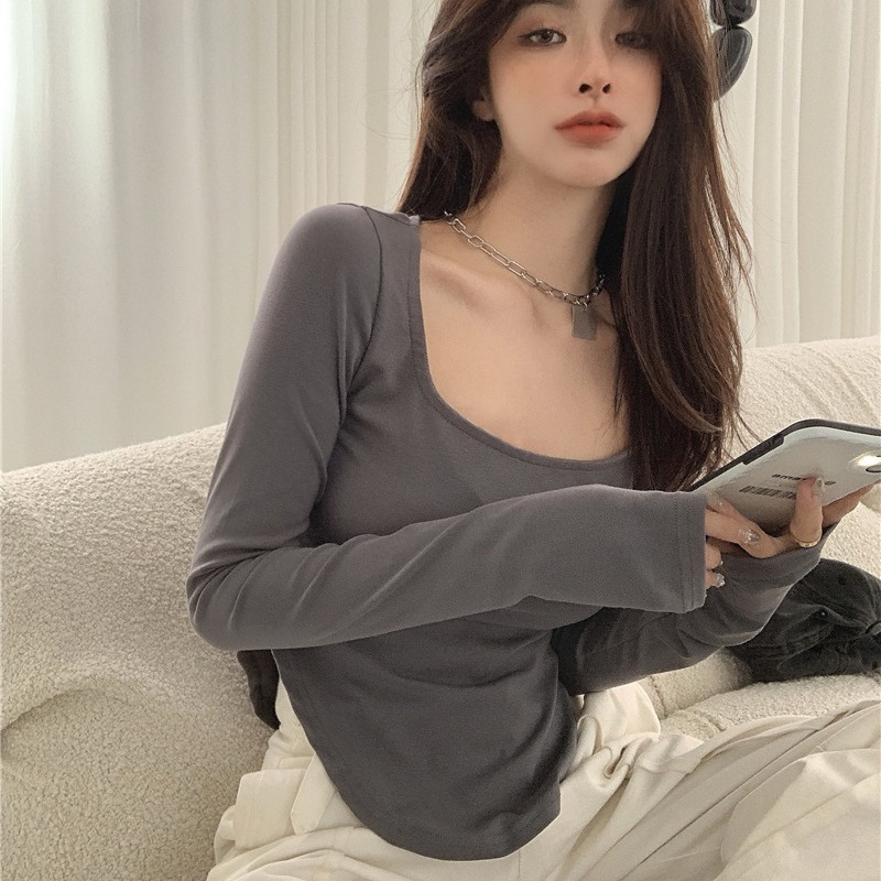 Women's long-sleeved bottoming shirt autumn and winter casual large U-neck top thin student slim fit inner irregular girl T-shirt