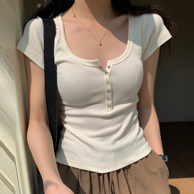 Threaded cotton button T-shirt women's short sleeve 2024 Summer new square collar versatile outer wear slim slimming top bottoming shirt
