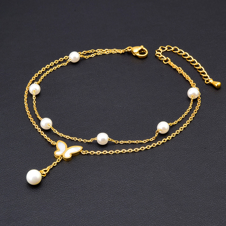 Korean style fashion double-layer anklet Pearl butterfly pendant fashion Shell anklet titanium steel color retaining jewelry girls gift