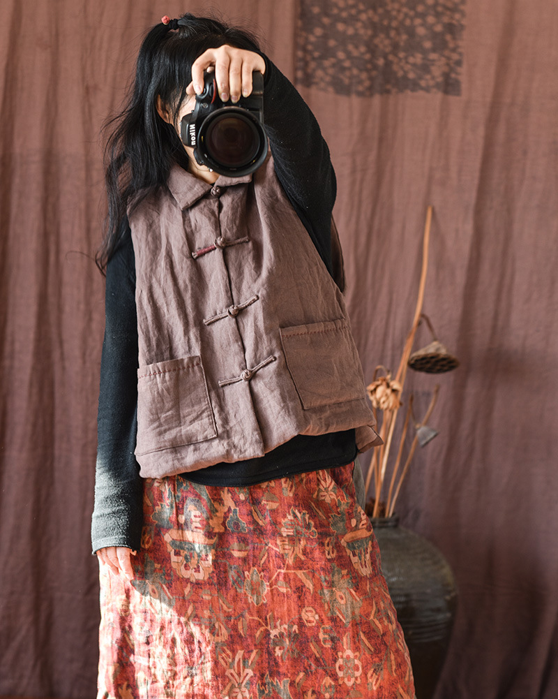 Simo/vêtements pour femmes en coton et lin faits maison gilet en coton à boucle en lin lavé au sable de haute qualité gilet en coton à enroulement rétro_voghion.com