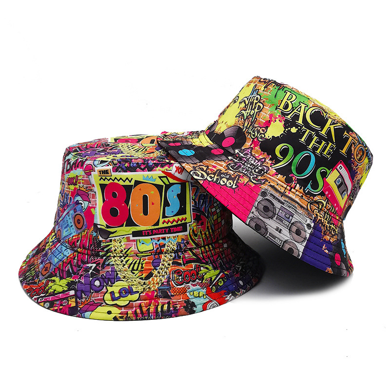 Chapeau de pêcheur à motif de ruban adhésif rétro nostalgique européen et américain des années 80 et 90 pour femme, chapeau de protection solaire d'extérieur double face pour printemps et été_voghion.com