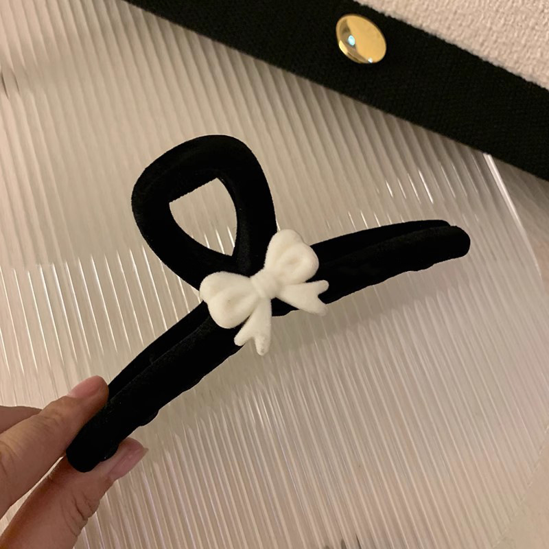 絲絨蝴蝶結抓夾黑色大號發量多後腦勺盤發鯊魚夾子復古法式髮夾女