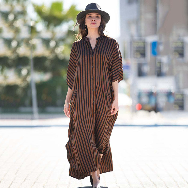 Wholesale European and American four-sided bullet printed beach blouse loose plus size striped swimsuit sunscreen bikini blouse cross border
