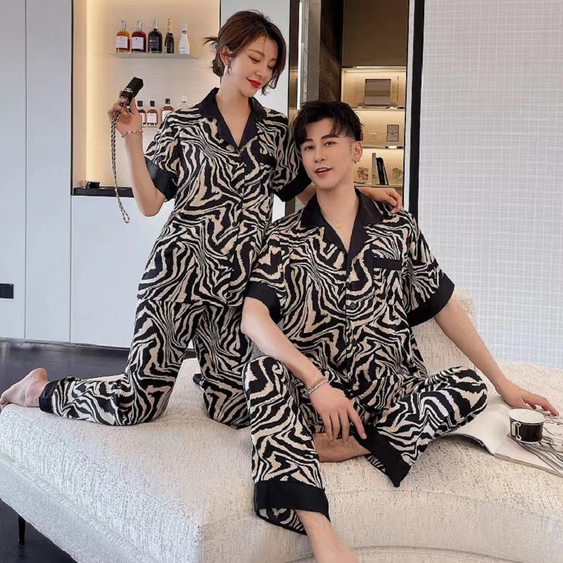 氷糸カップルパジャマセット夏シルク半袖半ズボン三点セット高級馬紋外着ホームウェア|undefined