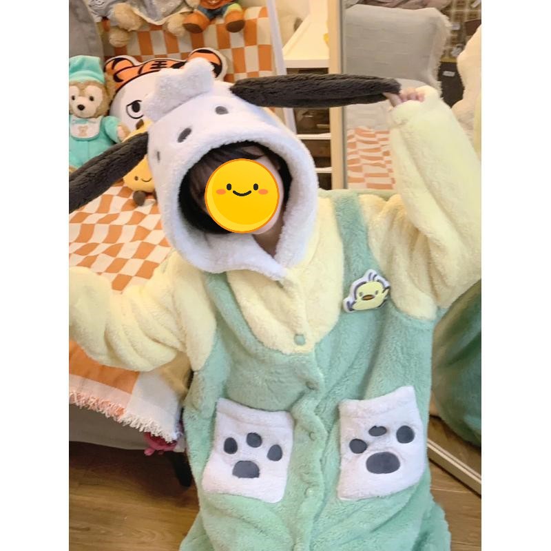Cute Parchal Dog Pajamas Autumn and Winter Women's Coral Fleece Thickened Nightgown ins Style Outwear Hooded Home Suit