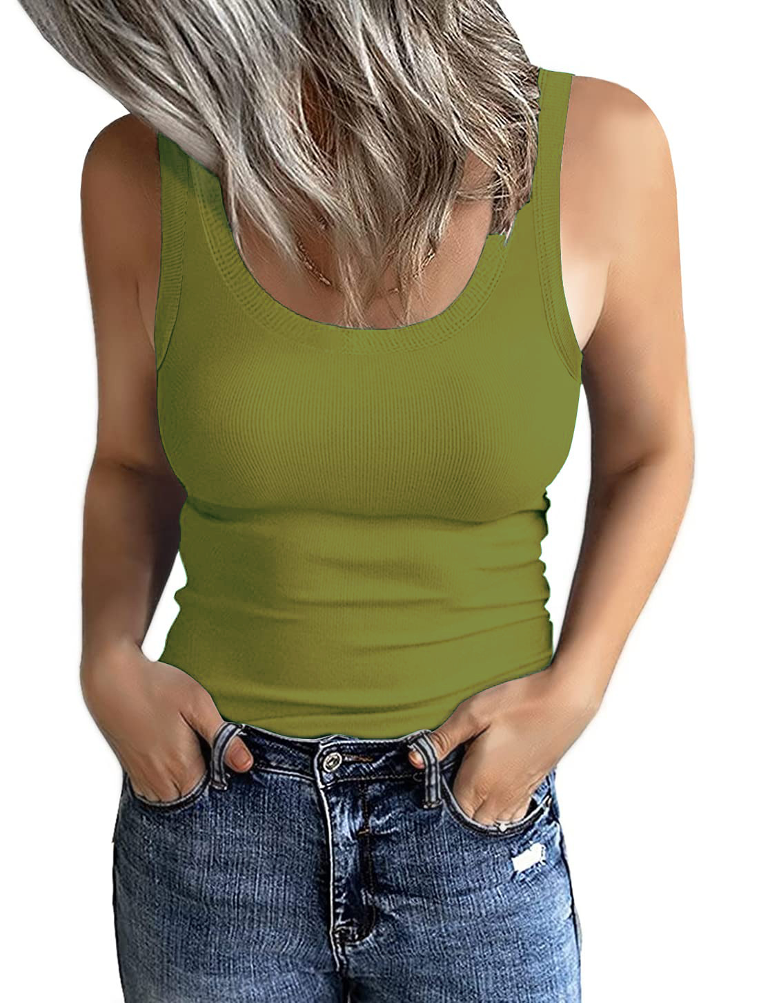 Women's Sleeveless Low Round Neck Rib Vest Slim-fit Basic Camisole T-shirt