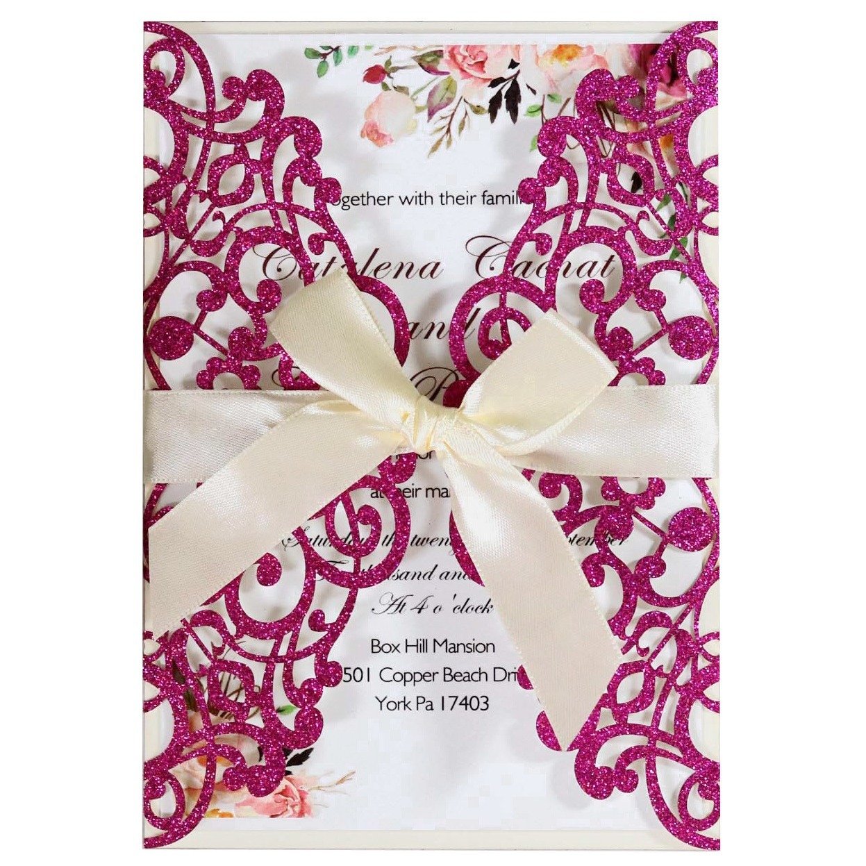 In stock Amazon glitter paper silver invitation powder Apple golden card laser hollow engagement invitation card